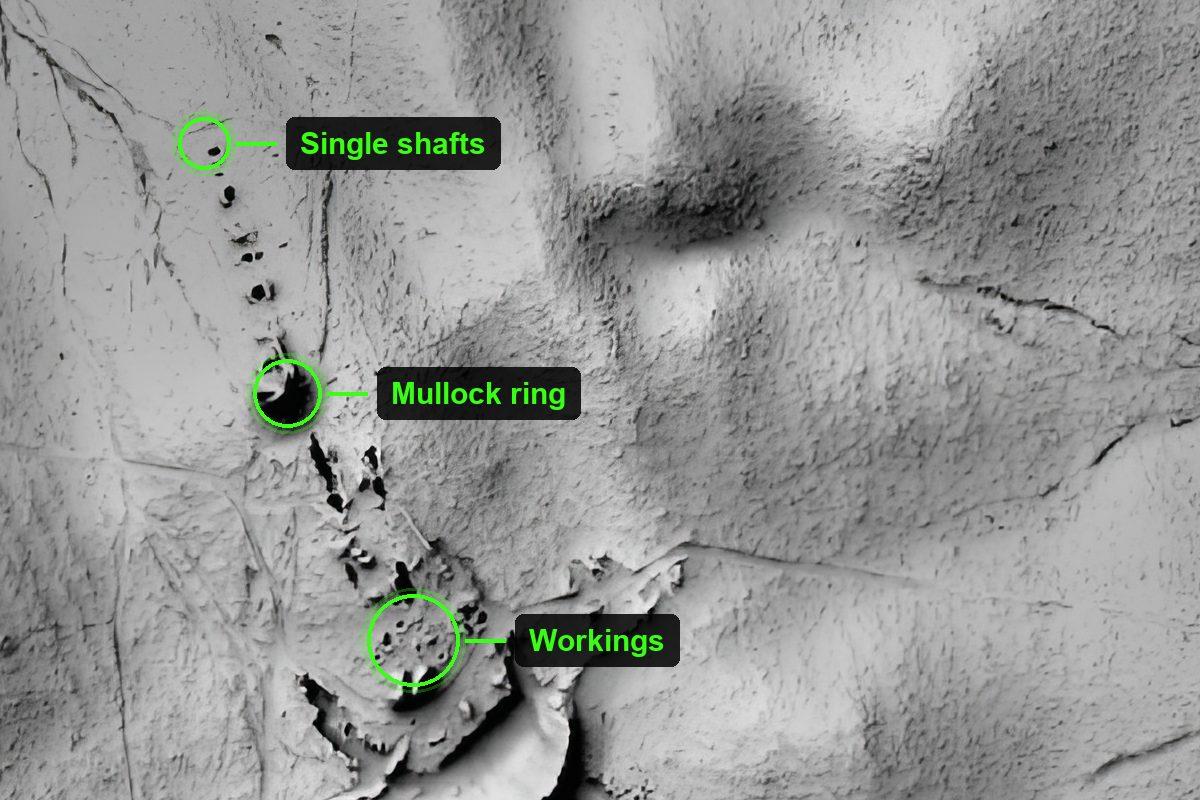 1 m hillshade of a Victorian goldfield with single shafts, a mullock ring and workings marked
